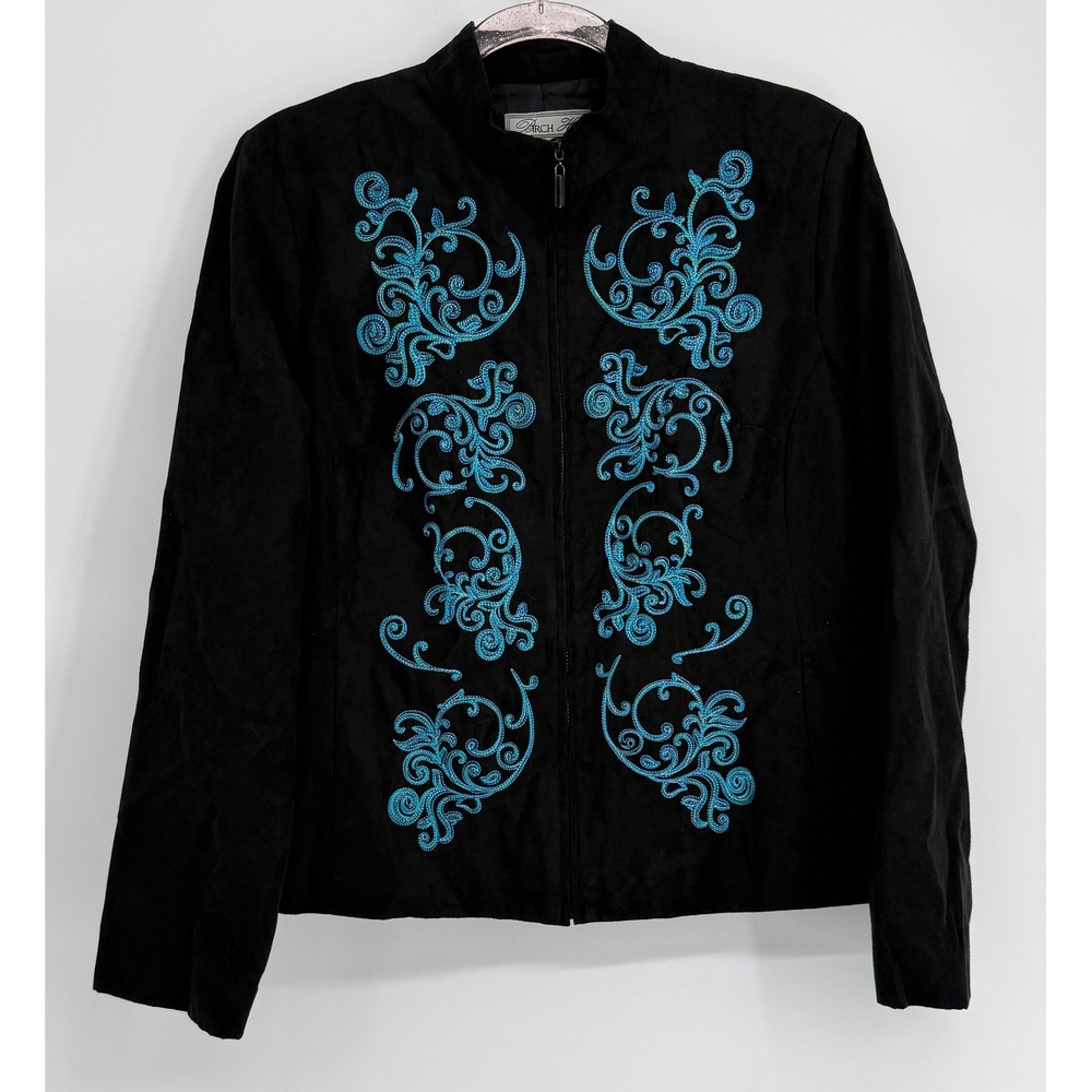 Arch‎ Hill Womens Black Faux Suede Turquoise Embroidered Zip Jacket Sz L